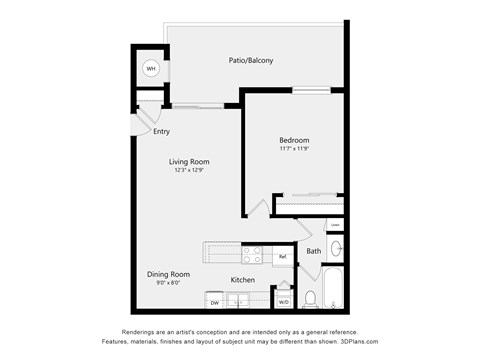 A floor plan of a home with a living room, dining room, kitchen, bath, and bedrooms.